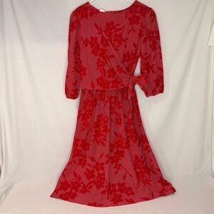 Vintage Red Floral Wrap Midi Dress 90s Made in USA Size 18 - 27 Waist